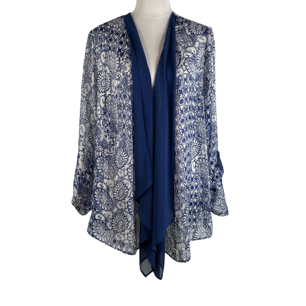 Susan Graver Woven Floral Print Open Front Cardigan Blue White Sheer Size Large